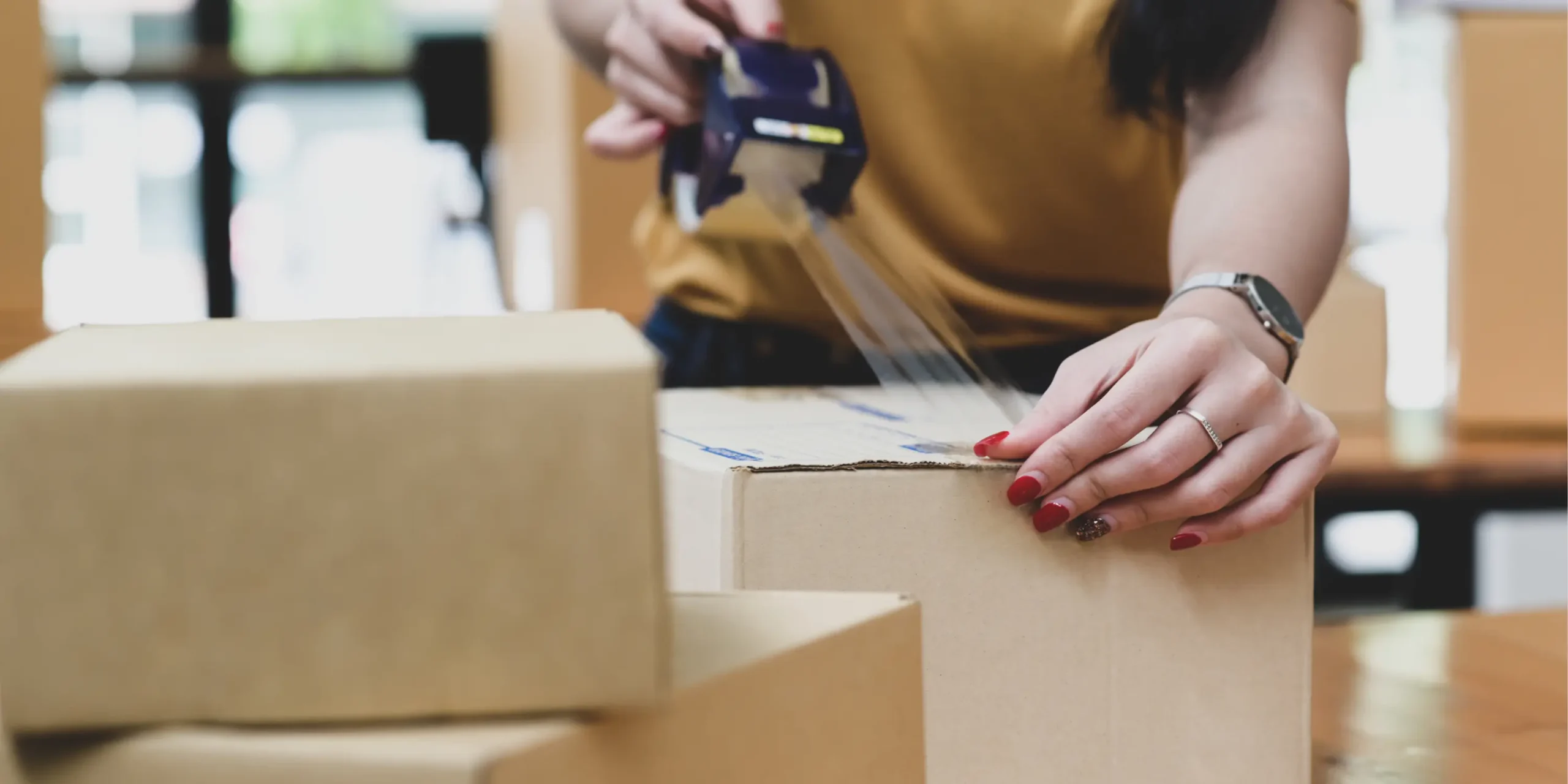 woman packing up a box with a froglily baby calm and clean pacifier toothbrush, preparing to ship it to a customer