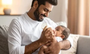 father holding newborn baby giving a bottle infant caries baby bottle tooth decay risks and treatment